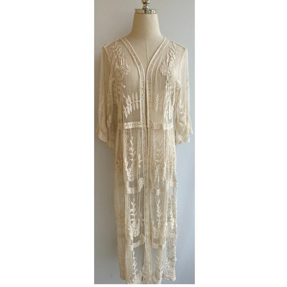NWT Rachel Zoe Cream Floral Embroidered Lace Boho Coverup Kimono Duster ONE SIZE - Picture 3 of 12